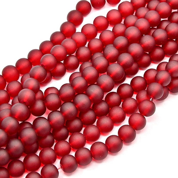 8mm Dark Red Round Translucent Glass Bead Frosted Glass Beads, Sea Glass, Hole: 1.3~1.6mm, about 99pcs/strand, 31.4 inch FGB0026