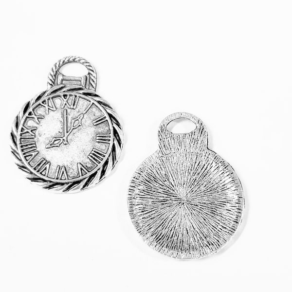 5 Silver Clock Charms with rope frame, Antique Silver Pocket Watch Charm 34x26x3mm C9258