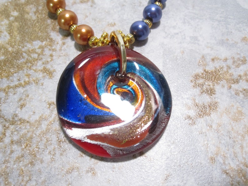 20 inch Necklace extends to 23 inches 1.5/'/' focal 3/'/' chain extender JB062 Dichroic Glass Necklace w Gold Blue Pearls Ribbed Gold Spacers