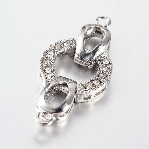 1 pc Brass Fold Over Clasps, Alloy, Rhinestone Findings, Platinum, 35x15.5x4mm, Hole: 2mm CL22-038