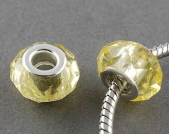 5 Yellow Glass European Beads, with Silver Plated Brass Double Cores, Faceted Rondelles, Light Yellow, 14x8mm, Large 5mm Hole GB9163E