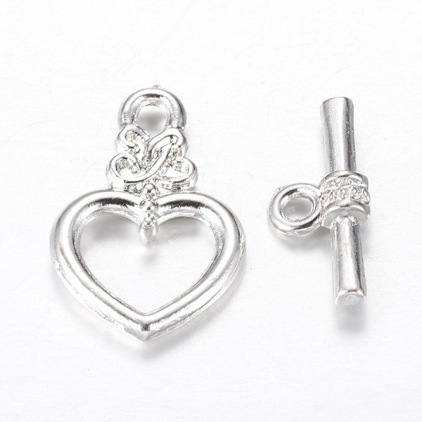 5 sets Silver Heart Toggle Clasps, 20×13×3.5mm, Hole 2mm, Bar 16.5×7.5×4mm, hole: 2mm CL22-006