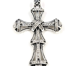 Antique Silver Rhinestone Laced Cross Pendants 1 pc 65x43x7mm C22-026