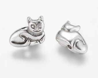 5 pcs Silver Kitten Beads, Antique Silver Cat Beads, 11x14x4mm .5mm hole MB22-162