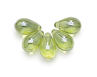 25 Olivine Green Shimmer Tear Drops Czech Glass, Side Drilled 4x6mm 50231441/46 TD0020
