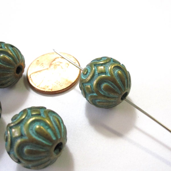 2 Verdigree Brass 15mm Flower Round Greek Style beads 2.25mm hold MB9020