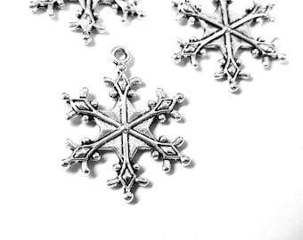 5 Antique Silver Snow Flake Pendants or Charms 28x22mm Double Sided C9200