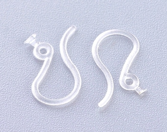 50pcs Plastic Earring Hooks, 25 pair clear ear wires, 13x7mm, Hole: 1mm Enviromental, Hypoallergenic ER22-010