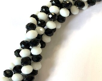 70 Faceted Rondelle Glass Bead, Black and White 6x8mm, 1.2mm Hole GB2647