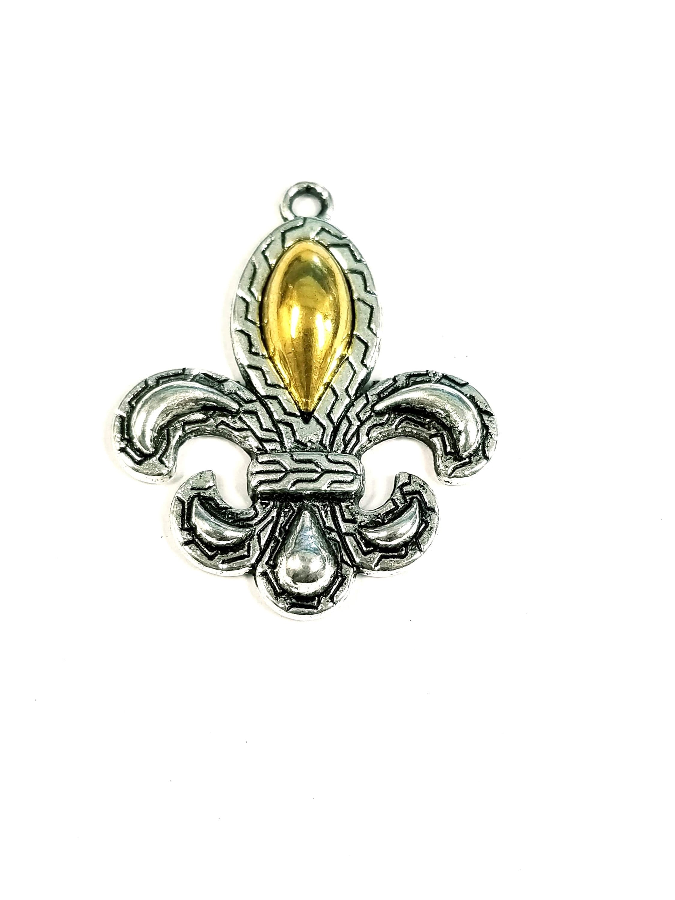 1 Silver and Gold Fleur De Lis Pendat 34x28mm NOLA, New Orleans