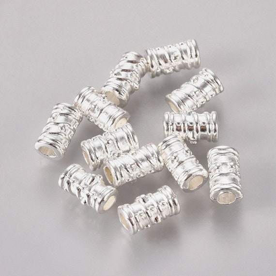 25pcs Column Beads Bright Silver, Hole: 3mm Tube Beads