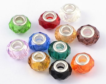 5 Mixed Color Glass European Rondelle Beads Silver Plated Brass Double Cores, 14x8mm, 5mm Hole GB9167