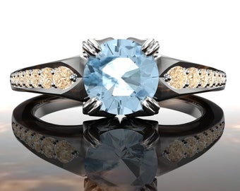 Anillo de compromiso, zafiro Montana, redondo de 5,5 mm con detalles de diamantes color champán, oro de 14 k o platino / "Castiel"