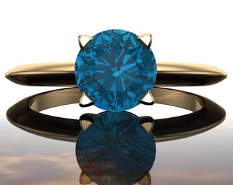 London Blue Topaz Ring in 14k Recycled Gold | Solitaire Prong Setting with Knife-Edge Band, Stacking | "Lyra"