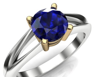 Anillo de compromiso con zafiro azul, oro blanco y amarillo de 14 k, cuerpo dividido / Anillo con piedra de nacimiento delicada / Cultivado en laboratorio / "Convergencia"