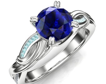 Anillo de zafiro azul con ondas / Anillo de compromiso de oro macizo o platino con diamantes y zafiro de laboratorio / "Kanaloa"