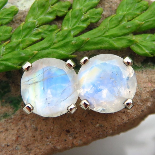 Rainbow Moonstone Earrings: Solid 14k Gold, Platinum, or Sterling Silver Studs | Minimalist Jewelry for Men or Women | Made in Oregon | 6mm