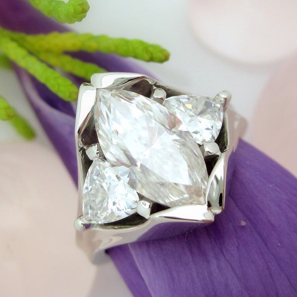 Moissanite Engagement Ring in Platinum or 14k Gold  | Unusual Marquise Fantasy Ring | US Custom Made “Zanna”