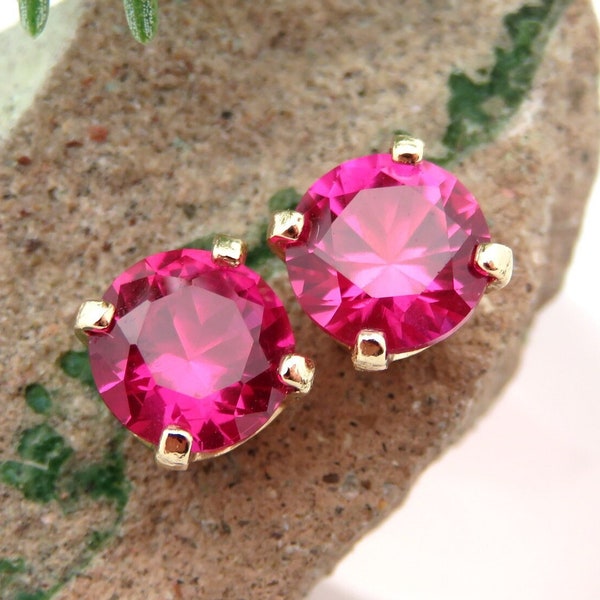 Pink Ruby Earrings: Solid 14k Gold, Platinum or Sterling Silver Studs | Hot Pink Pomegranate Earrings | Lab Created Gems