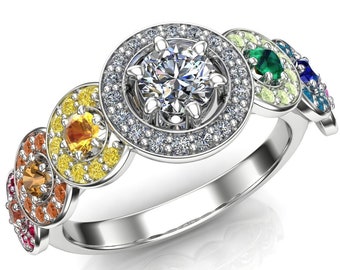 Pride Ring | Rainbow Halo Diamond Engagement Ring with Natural and Lab-Created Stones