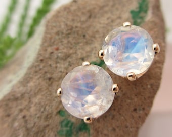 Blue Moonstone Stud Earrings in Gold, Silver, Platinum with Genuine Gems | 6mm