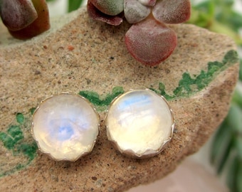 Moonstone Stud Earrings, 14k Gold or Sterling Silver | Cabochon Post Earrings | Blue Rainbow Moonstone | Made in Oregon