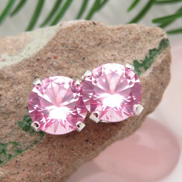 Cherry Blossom Pink Sapphire Earrings: Solid 14k Gold, Platinum or Sterling Silver Studs | Balletcore Jewelry | Lab Created Gems