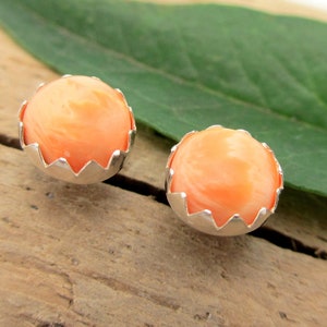 Spiny Oyster Cabochon Studs | 14k Gold Stud Earrings or Sterling Silver Wampum Studs | 6mm Low Profile Serrated or Crown Earrings