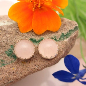 Rose Quartz Studs | 14k Gold or Sterling Silver Cabochon Earrings | Low Profile Serrated or Crown Earrings | Powder Pink