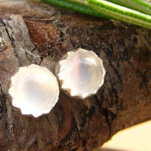 White Moonstone Cabochon Studs | 14k Gold Stud Earrings or Sterling Silver Moonstone Studs | 4mm, 6mm Low Profile Serrated or Crown Earrings