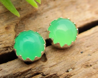 Chrysoprase Stud Earrings | 14k Gold or Sterling Silver Cabochons | Low Profile Serrated Setting | B Grade