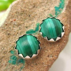 Malachite Cabochon Studs | 14k Gold Stud Earrings or Sterling Silver Malachite Studs | 6mm Low Profile Serrated or Crown Earrings