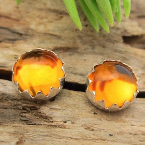 Citrine Cabochon Studs, 14k Gold Stud Earrings or Sterling Silver Golden Yellow Studs - 4mm, 6mm Low Profile Serrated or Crown Earrings
