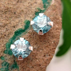 Blue Zircon Studs Genuine Blue Zircon Stud Earrings in Real 14k Gold, Sterling Silver, or Platinum 4mm image 1