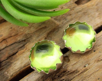 Peridot Cabochon Studs | 14k Gold Stud Earrings or Sterling Silver Peridot Studs | 4mm, 6mm Low Profile Serrated or Crown Earrings