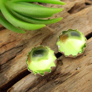 Peridot Cabochon Studs | 14k Gold Stud Earrings or Sterling Silver Peridot Studs | 4mm, 6mm Low Profile Serrated or Crown Earrings