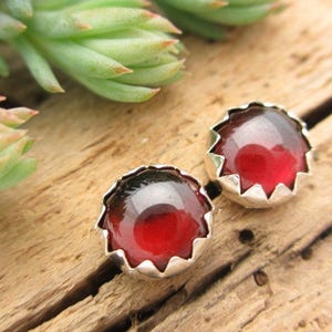 Almandine Garnet Cabochon Studs | 14k Gold Stud Earrings or Sterling Silver Garnet Studs | 4mm, 6mm Low Profile Serrated or Crown Earrings