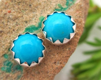 Sleeping Beauty Turquoise Cabochon Studs | 14k Gold Stud Earrings or Sterling Silver Studs | 4mm, 6mm Low Profile Serrated or Crown Earrings
