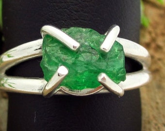 Raw Tsavorite Garnet Ring in Sterling Silver, Vivid Emerald Forest Green Gemstone