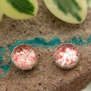 Strawberry Quartz Cabochon Studs | 14k Gold Stud Earrings or Sterling Silver Studs | 4mm, 6mm Low Profile Serrated or Crown Earrings