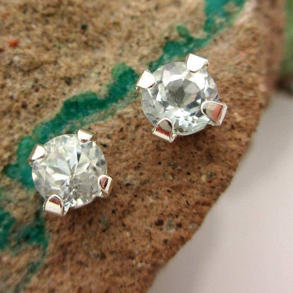 Aquamarine Studs | Genuine Aquamarine Stud Earrings in Real 14k Gold, Sterling Silver, or Platinum | 3mm, 4mm