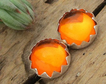 Amber Cabochon Studs | 14k Gold Stud Earrings or Sterling Silver Amber Studs | 4mm, 6mm, 8mm Low Profile Serrated or Crown Earrings