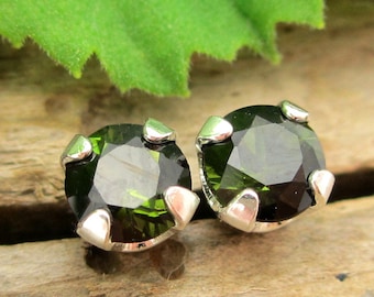 Black Green Tourmaline Studs | Genuine Tourmaline Stud Earrings in Real 14k Gold or Platinum Screw Backs | 3mm