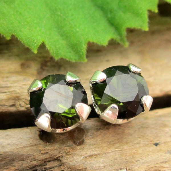 Black Green Tourmaline Studs | Genuine Tourmaline Stud Earrings in Real 14k Gold, Sterling Silver, or Platinum | 3mm
