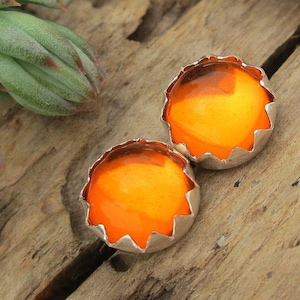 Amber Cabochon Studs | 14k Gold Stud Earrings or Sterling Silver Amber Studs | 4mm, 6mm, 8mm Low Profile Serrated or Crown Earrings