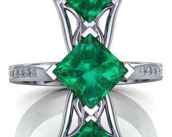 Emerald Ring in Platinum or 14k Gold with Diamonds | Elven Three Stone Statement Ring | "Arwen"