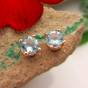 Aquamarine Rose Gold Stud Earrings | Genuine Aquamarine in 14k Gold