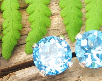 Swiss Blue Topaz Studs | Genuine Swiss Blue Topaz Stud Earrings in Real 14k Gold, Sterling Silver, or Platinum | 3mm, 4mm, 6mm, 8mm