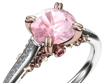 Morganite Ruby Nature Ring | Solid 14k Gold Flower Ring | Dainty Diamond Band | "Hibiscus"