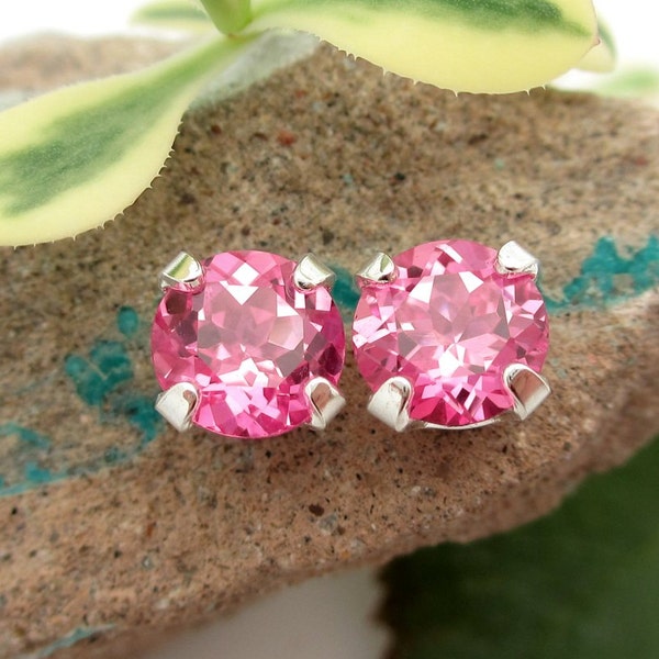Hot Pink Sapphire Earrings: Solid 14k Gold, Platinum or Sterling Silver Studs | Barbiecore Jewelry | Lab Created Gems
